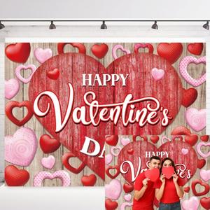 INRUI Happy Valentine's Day Photography Backdrop Rustic Wood Red Love Heart Valentine's Day Theme Bridal Baby Shower Party Decorations Banner (7x5FT)