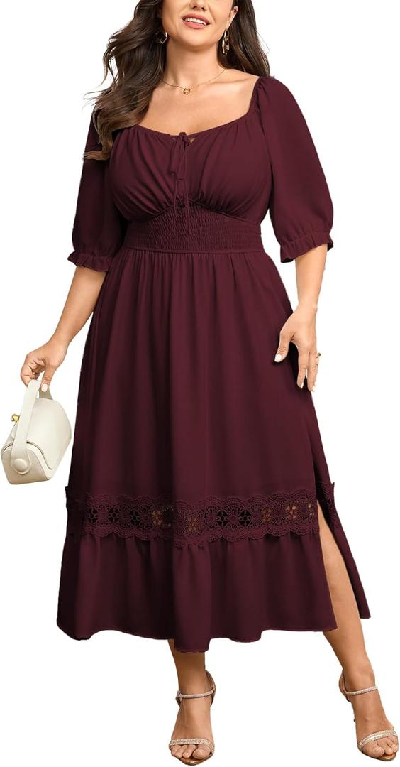 Womens Plus Size Maxi Dress Short Sleeve Square Neck Tie Front Smocked Empire Waist A Line Flowy Lace Trim Side Slit (Burgundy, 3XL)