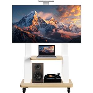 Height Adjustable Mobile TV Stand for 32-75 Inch TVs, Heavy Duty Floor TV Cart with Wheels, Media Shelf, Holds 180lbs, Max VESA 600x400mm, Fits Flat/Curved Screens
