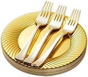 N9R 60pcs Gold Plastic Dessert Plates with Forks, Include 30pcs Disposable Dessert Plates 7 inch, 30pcs Gold Plastic Forks 7.4 inch for Parties Weddings Birthday N9R 60pcs Gold Plastic Dessert Plates with Forks, Include 30pcs Disposable Dessert Plates 7 inch, 30pcs Gold Plastic Forks 7.4 inch for Parties Weddings Birthday