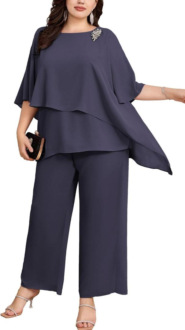 Hanna Nikole Plus Size Mother of Bride Pant Suits 2 Piece Chiffon Sets Ruffle Layers Wedding Guest Outfit (18 Plus, Purple Gray)