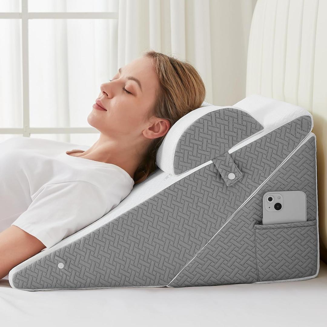 Sasttie Wedge Pillow for Headboard, Adjustable Bed Wedge Pillow Set with Orthopedic Memory Foam Neck Cushion  for Acid Reflux, Neck & Back Support, and Post-Surgery Recovery, White and Dark Grey (22*22*12inch, White & Dark Grey)