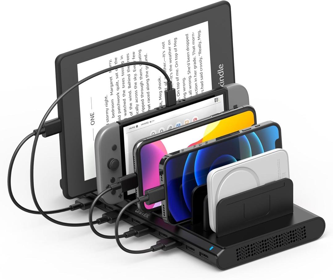 Unitek Charging Station for Multiple Devices - 10 Port USB Charger with SmartIC Technology and Adjustable Dividers, Organizer Stand Compatible with iPad, Tablet, Kindle, iPhone, Black