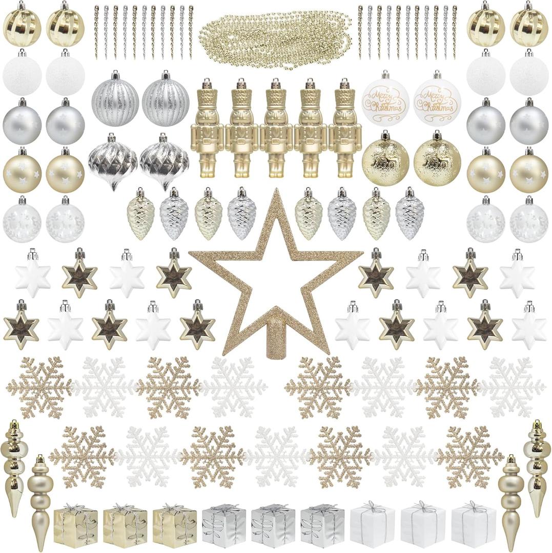 ITART 115pcs Christmas Tree Ornaments Assortment Champagne Silver and White Including Star Tree Topper Balls Large Snowflakes Pine Cone Nutcracker Figurines Beads Garlands for Christmas Tree Decor