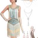 1920s Flapper Dresses for Women, Lace V-Neck Great Gatsby Costumes with Fringe (Large, Light Blue)
