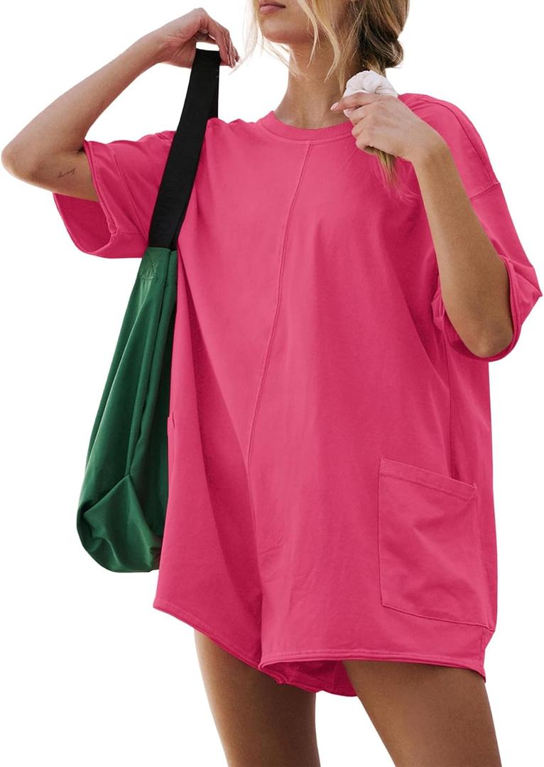 GTETKDE Rompers for Women Casual Workout Oversized Jumpsuits Athletic Loose Hot Shot Tee Romper with Pockets 2025 Clothes (XS)