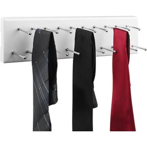 Tie Rack Wall Mounted, Wood Belt Hanger for Closet with 21 Chrome Hooks, Belt Storage Holder Organizer for Men Belts, Ties, Scarves, White