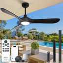 52 Outdoor Ceiling Fan with Light and Remote via WiFi Alexa, 3 Black Solid Wood Blade, Noiseless Reversible Dc Motor, Smart Outdoor Wood Ceiling Fan for Farmhouse Patios, Black