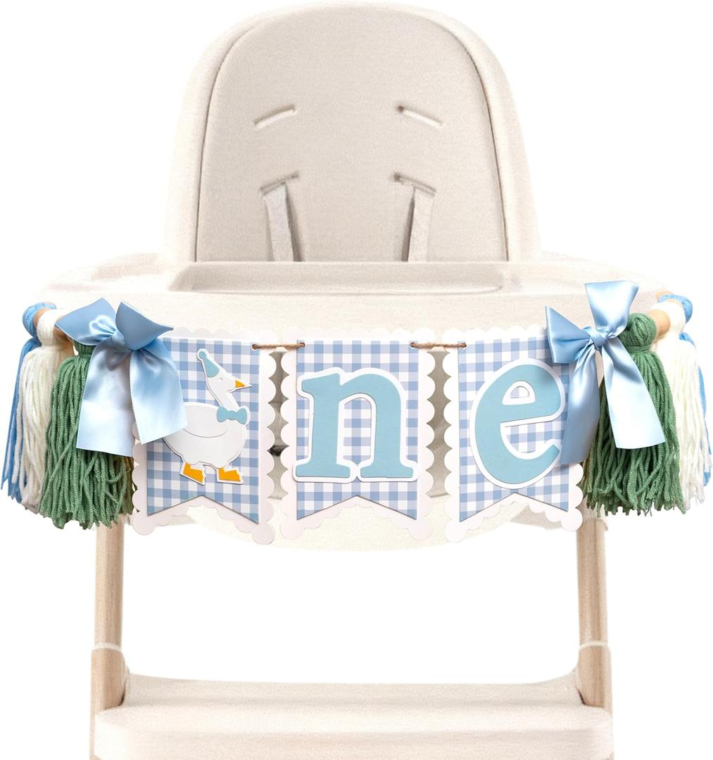 One Funny Goose High Chair Banner - One Silly Goose Birthday Highchair Banner,Blue Gingham Style 1st Birth Yarn Tassel Banner for Boys