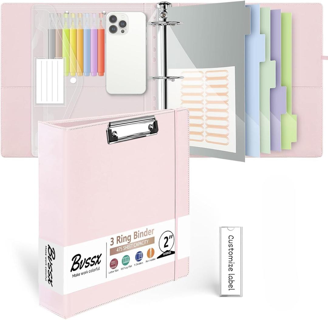 Leather 3 Ring Binder, 2 Inch Binders with Clipboards, 5-Tabs Pockets Dividers, 18 Divider Stikers, Plastic Folder, Pen Holder, Three Ring Binder with Pen Holder(Pink, Letter Size)