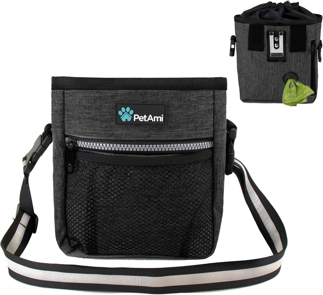 PetAmi Dog Treat Pouch, Pet Treat Pouch for Training, Dog Walking Bag Holder for Kibbles, Pet Food Toy, Dog Trainer Essentials Supplies, Poop Bag Dispenser, 3 Ways to Wear (Charcoal) (One Size)