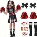 CIRCKOPS Halloween Cheerleader Costume for Girls, Zombie Cheer Uniform Outfit, Scary Cheerleading Costume for Party Dress Up (9-10Y Black)