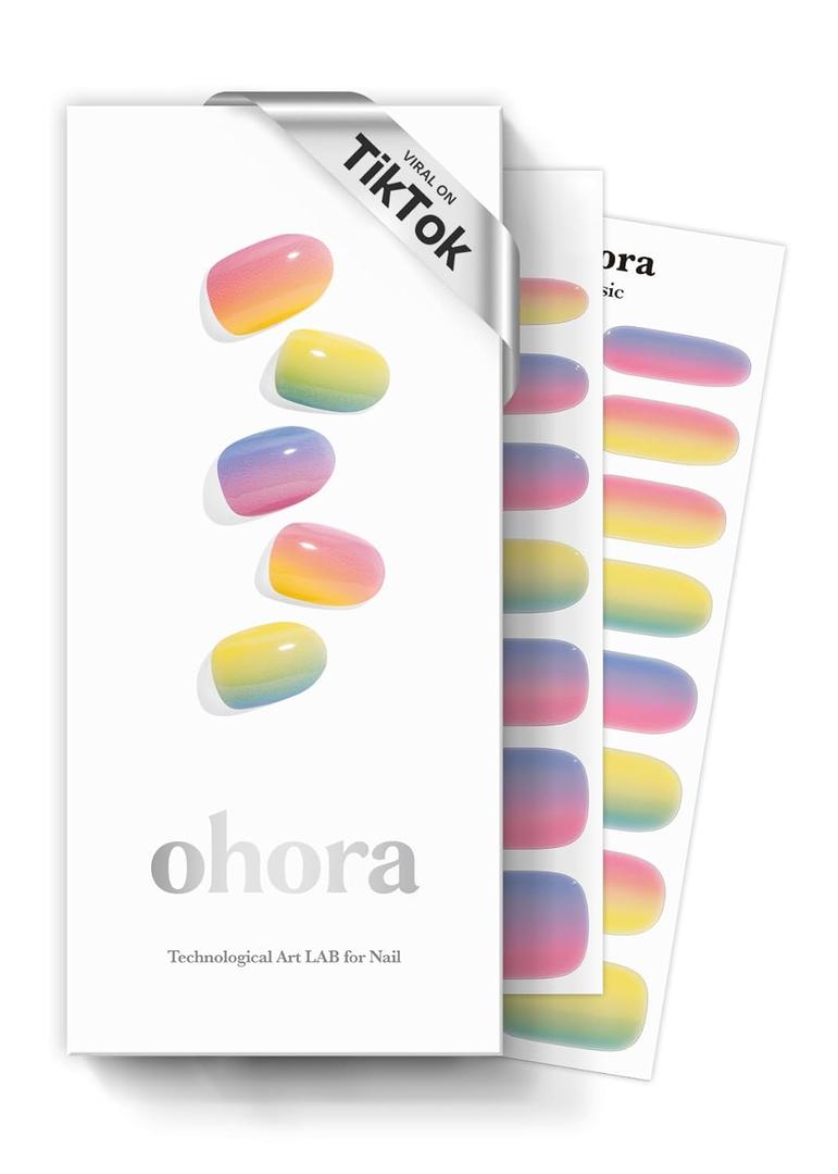 Ohora Semi Cured Gel Nail Strips (N Pastel) - Yellow, Ombre, Works with Any UV/LED Lamps, Salon-Quality, Long Lasting, Easy to Apply & Remove - Includes 2 Prep Pads, Nail File & Wooden Stick