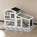 GarveeLife Rabbit Cage, Outdoor Weatherproof Bunny House Wooden, Indoor Bunny Cage with Run, Rabbit Hutch with Removable Tray, Grid Fences, Ramp 53.15" L x 23.62W 37.8" H Gray