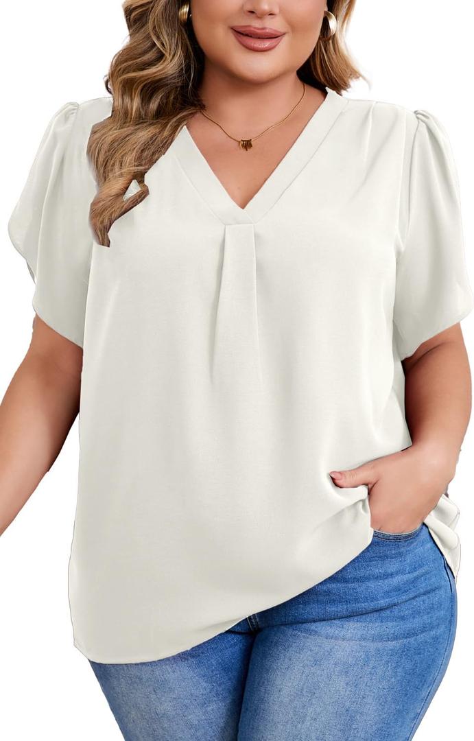 Women's Plus Size Casual Blouses Solid Business Work Tops Petal Short Sleeve V Neck Loose Fit T Shirt Summer Trendy 2026p (White, 4XL)