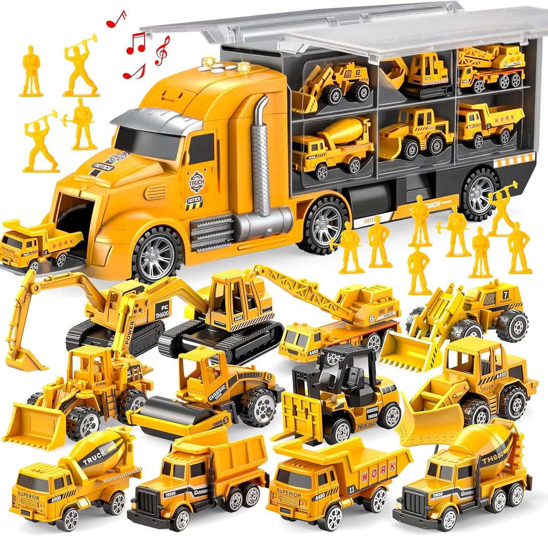 JOYIN 25 in 1 Kids Construction Truck Toy Set, 24Pcs Push and Go Cars and Worker Figures, Toddler Play Vehicles with Sounds and Light, Christmas Birthday Gifts Toys for 3 4 5 6 7 Years Old Grandkids