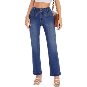 FITTOO Women's Straight Leg Jeans with Front Pocket High Waisted Stretchy Wide Leg Loose Denim Jean Pants Trousers (Blue, Medium)
