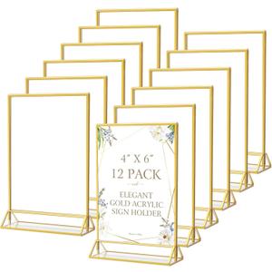 MaxGear 4x6 Gold Acrylic Sign Holder 12 Pack, Wedding Gold Table Number Holders, Double Sided Picture Frame Paper Stand Photo Display, Clear Menu Flyer Stand for Wedding, Home, Restaurant
