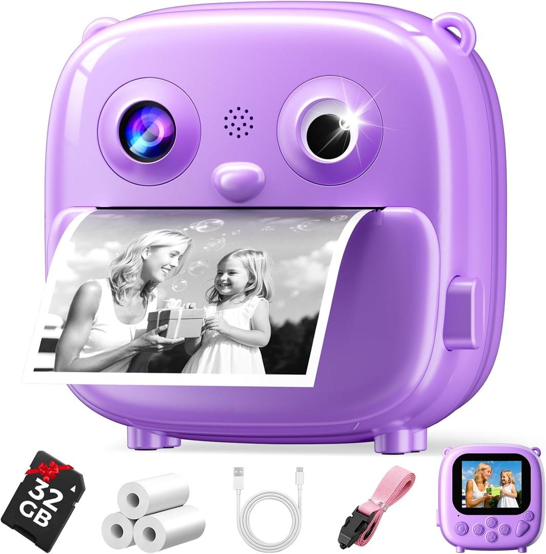 Kids Camera Instant Print- Christmas Birthday Gifts for Girls Boys Age 3-12 Years Old- 1080P HD Video Digital Camera with Photo Printing- Toddlers Portable Toys for Travel- Purple