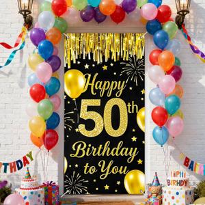IVN 50th Birthday Door Cover 71x35 Inch Black Gold Birthday Banner for Party Decorations Balloons Stars Fireworks Backdrop Sign for Men Women Photo Booth Prop Wall Decor