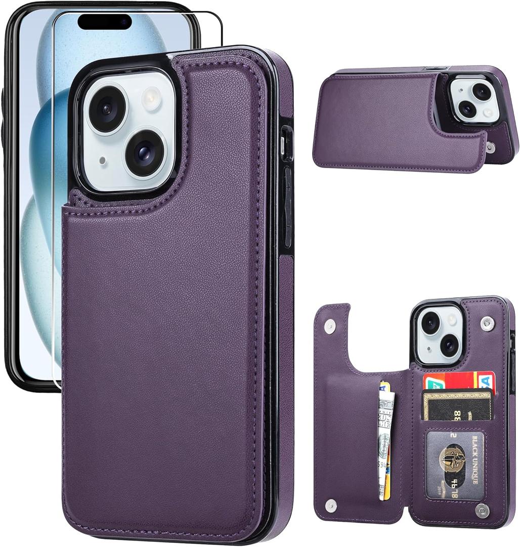 Wallet Case Compatible with iPhone 15 6.1,Slim Protective case with Card Holder, PU Leather Kickstand Card Slots Case with a Screen Protector-Purple