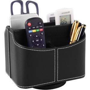 PU Leather Remote Control Holder Rotate 360 degrees Desk Organizer Storage Box for Remote Caddy,TV Guide, Mobile Phone, Pen,Stationery and Media Storage,Bedside Table Organizer(Black)