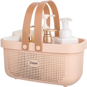 JiatuA Plastic Storage Basket with Handle Portable Shower Caddy Tote Organizer Basket Bin for Bathroom Kitchen Dorm Room Bedroom, Pink, Large