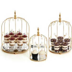 Set of 3 Metal Birdcage Cake Stand Set with Crystal Accents, Elegant Cupcake Holder Display for Wedding, Birthday, Baby Shower, Party Dessert Table Decorations (Gold, Set of 3)