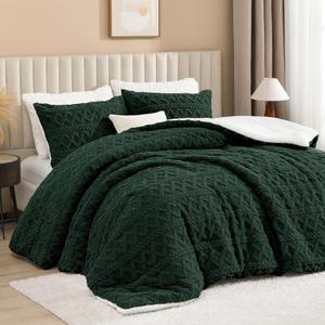 Andency Fluffy Sherpa Queen Comforter Set Dark Green, Super Soft Emerald Green Fleece Warm Bedding for Winter, Luxury Jacquard Boho Fuzzy Plush Bed Set 3 Pieces(1 Shaggy Comforter, 2 Pillowcases) (Queen(90''x90''))