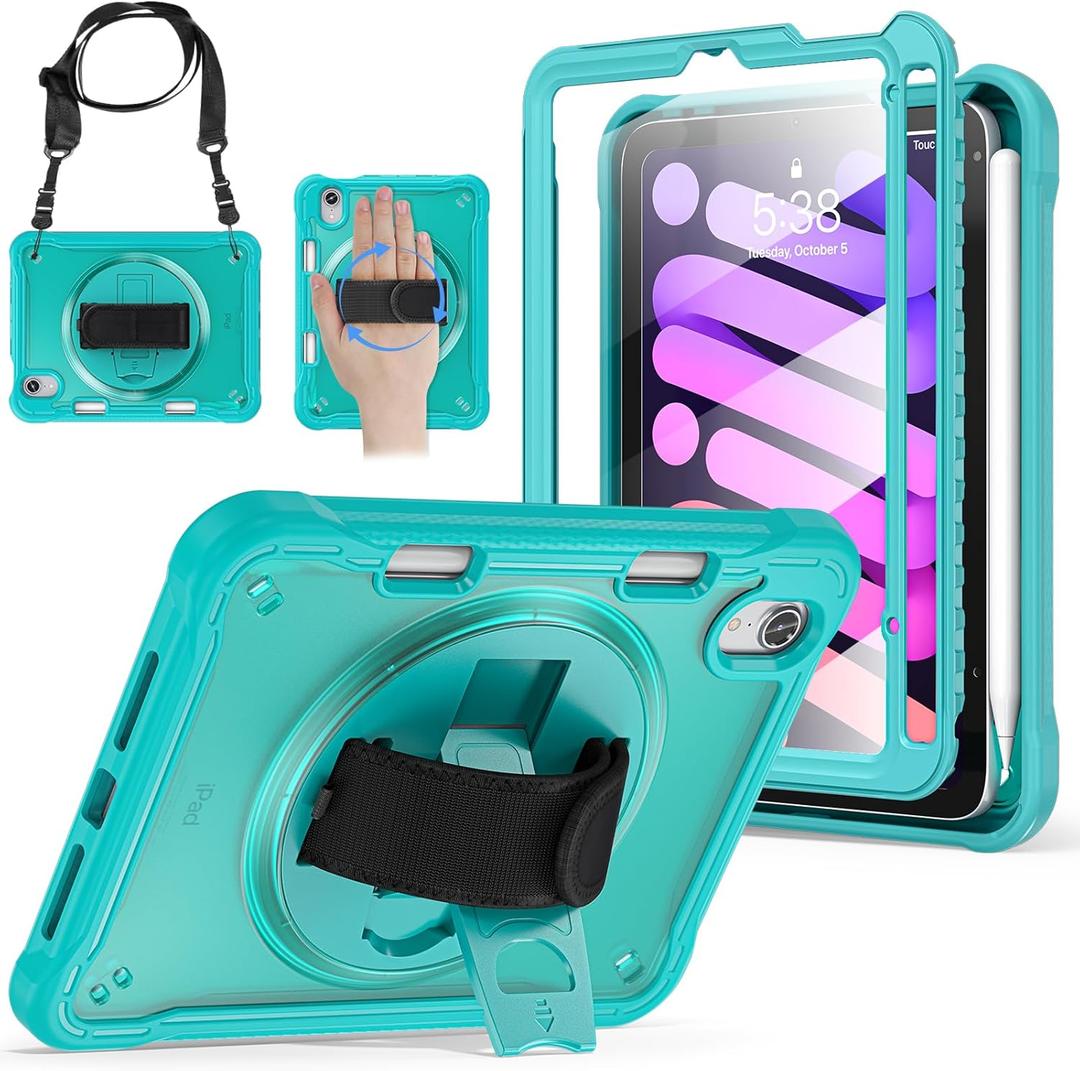 BRAECNstock Case for iPad mini 7 (A17 pro) 2024 & Mini 6 2021 8.3-inch,Shockproof Protective Cover with Pencil Holder,Screen Protector,360 Rotating Hand Strap/Stand-Light Blue