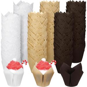 Funtery 600 Pcs Mini Size Tulip Cupcake Liner Mini Tulip Muffin Liners Holders for Baking Cups Parchment Muffin Liner Greaseproof Cupcake Wrappers for Party Wedding Birthday(White, Brown, Beige)