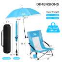 2PCS Folding Beach Chair with Umbrella, Low Profile Portable Sand Chair for Adults, Breathable Mesh Beach Seat with Cup Holder, Heavy Duty Lightweight Camping Chair for Travel, Ocean Blue