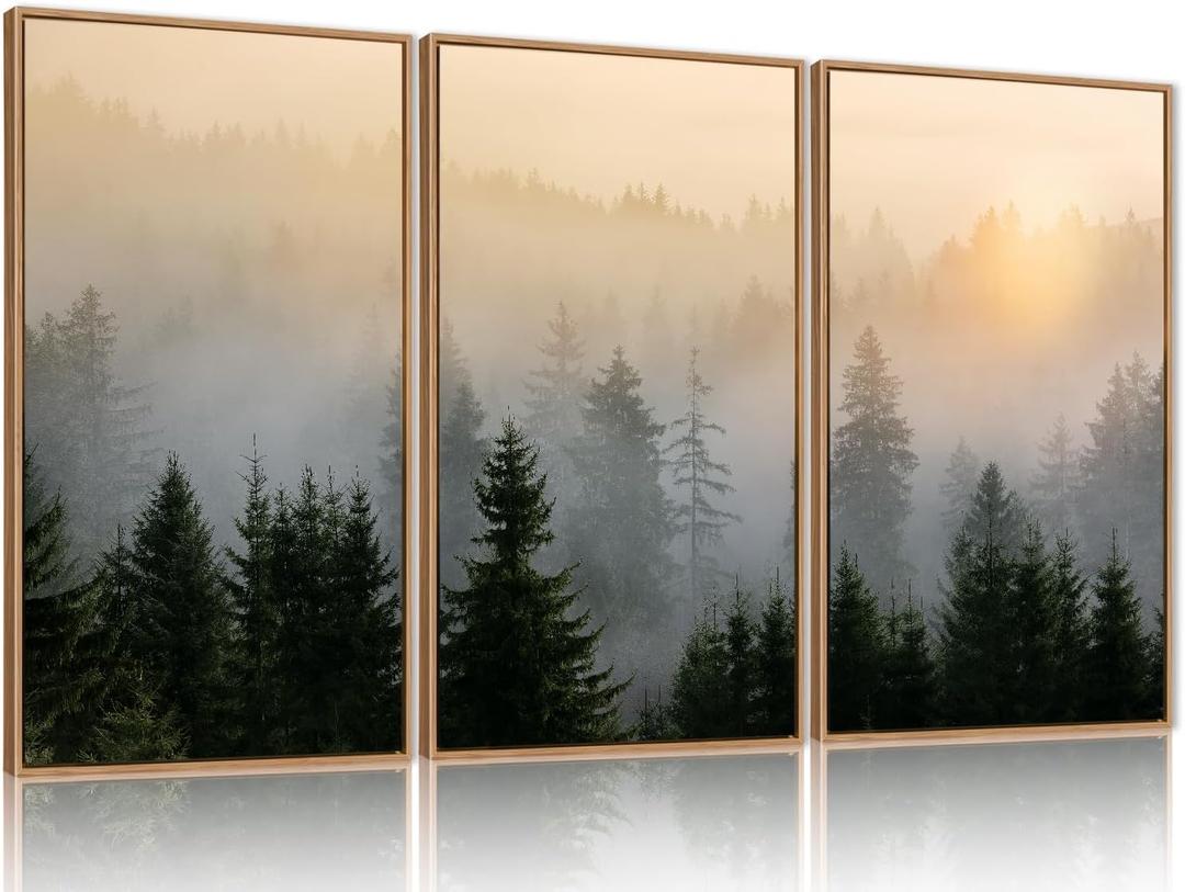 FWIEXA Misty Forest Wall Art Canvas Set, Framed Mountain Wall Decor, 3 Piece Nature Wall Painting, Foggy Pine Tree Landscape Artwork, 16x24 Inches Green Pictures for Living Room, Bedroom, Office, Gift