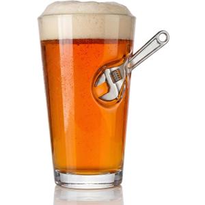 Handmade Wrench Pint Glass 16oz Beer Glass with Embedded Metal Wrench, Unique Mechanic Gift Beer Cup for Dad, Grandpa, Husband, Retirement, Birthday (EXP 09/15/26)