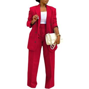HuiSiFang Women's Business Casual Suits 2 Piece Dressy Blazer and Loose Straight Leg Pants Set (XX-Large, Red)