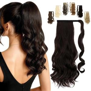 FELENDY 20" Ponytail Extension Curly Wavy Clip in Hairpiece Wrap Around Long Pony Tails Hair Extensions Synthetic for Women Dark Brown