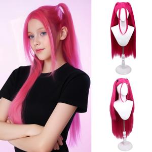 Hot Pink Wigs for Kids Girls Magenta Wig with 2 pigtails Long Straight Pink Wig for Child Halloween Party Anime Cosplay Wigs