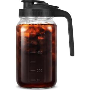 32oz Glass Pitcher with Handle and Lid, 1 Quart Mason Jar Pitcher - Airtight & Leakproof Water Jug with Pour Spout Lid, Glass Containers for Fridge, Perfect for Juice, Cold Brew, Iced & Sun Tea (Black)