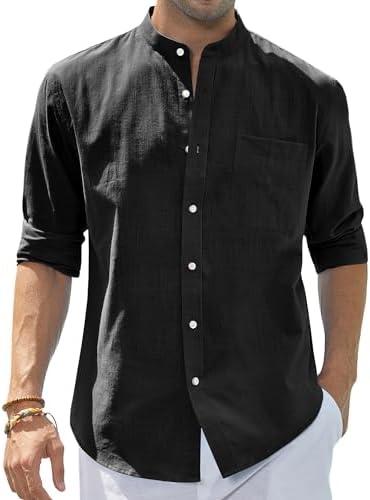 J.VER Men's Cotton Linen Long Sleeve Shirts Casual Button Down Banded Collar Shirt Beach Summer Tops with Pocket Size L