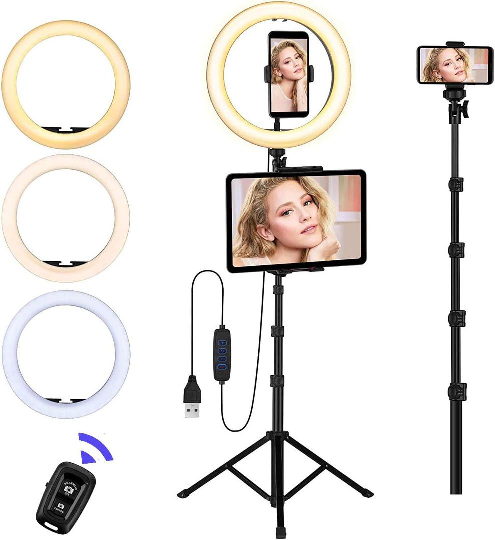 Ring Light with Stand and Phone Holder, 10'' LED Selfie Ring Light with Tripod (17''-73'') Bluetooth Remote for iPad/Tablet/Video Recording/Live Stream/Makeup/YouTube/Photography, 3 Color Modes