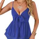 LYANER Women's Sexy Deep V Neck Babydoll Tank Top Spaghetti Strap Tie Front Flowy Peplum Cami Going Out Tops (Blue, XL)