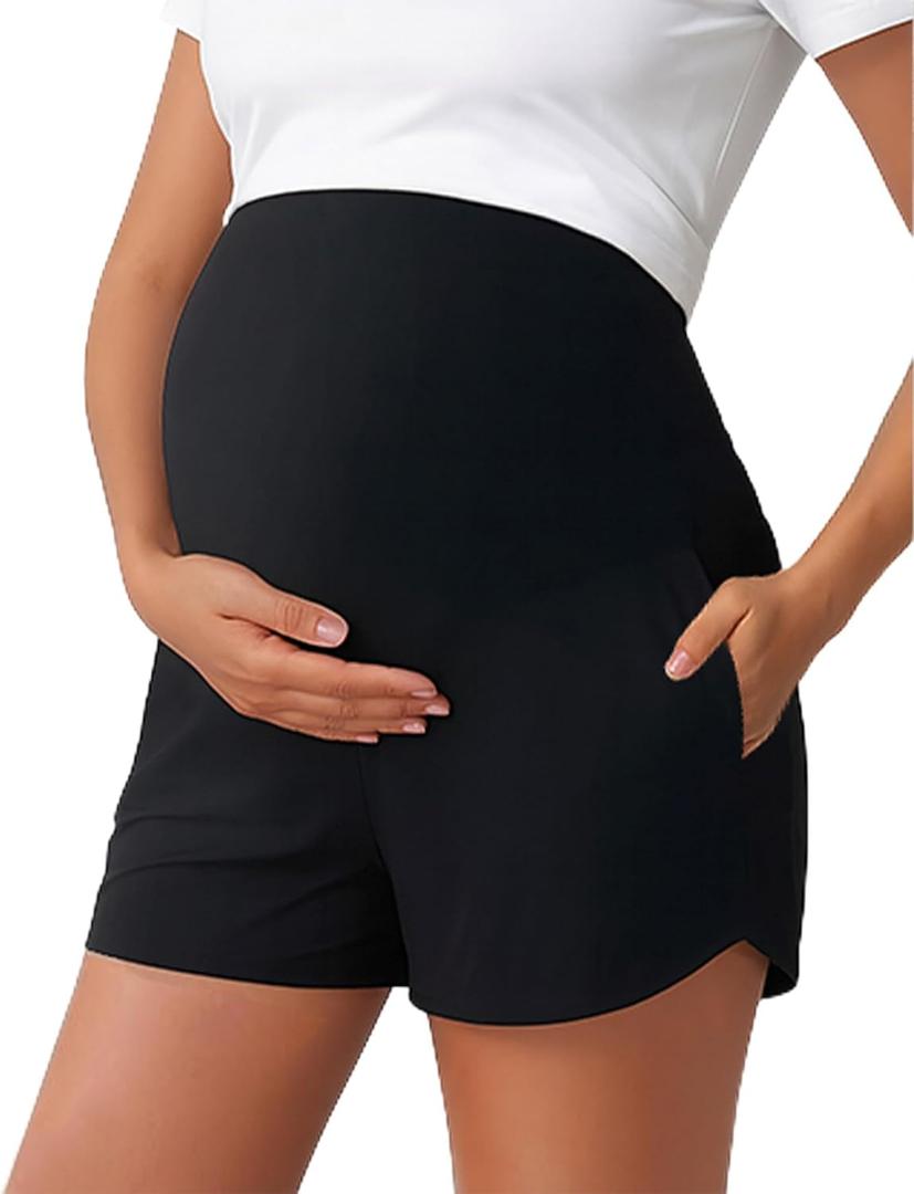 Peauty Maternity Shorts Over the Belly with Pockets, Pregnancy Lounge Shorts, Before, During After Pregnancy (Black, XL)