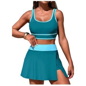Women's High Waisted Bikini Sets Tummy Control Swim Skirt One Piece Swim Suit Tummy Control Color Block Bathing Suit, size L