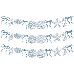 3 PACK Summer Banner Seashells Decor Party Decorations Party Supplies Birthday Decor Decorations Blue Bow Starfish and Seashell Garland Ocean Coastal Nautical Beach for Women Men Baby Showre