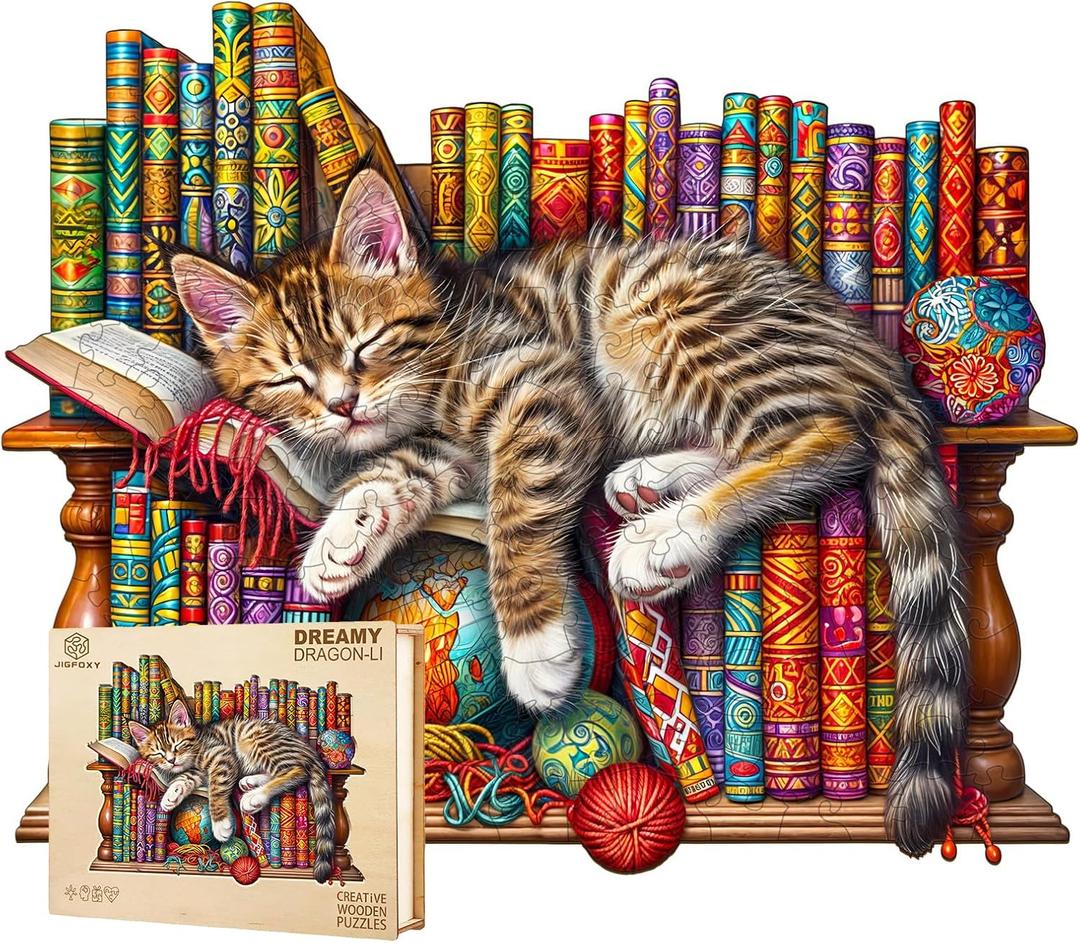 Jigfoxy Wooden Puzzle for Adults, DragonLi Cat Wooden Jigsaw Puzzles for Adult, Unique Animal Shape Wood Cut Puzzles, Christmas Thanksgiving Gifts for Friends Family (M-11.4 * 9.2in-190pcs)