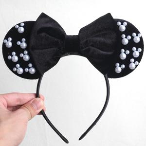 Black Velvet Mouse Ears Headband with Pearl & Bow, Halloween Christmas Cosplay Costume Princess Party Hair Accessories (Red, One Size) (1 Count (Pack of 1))