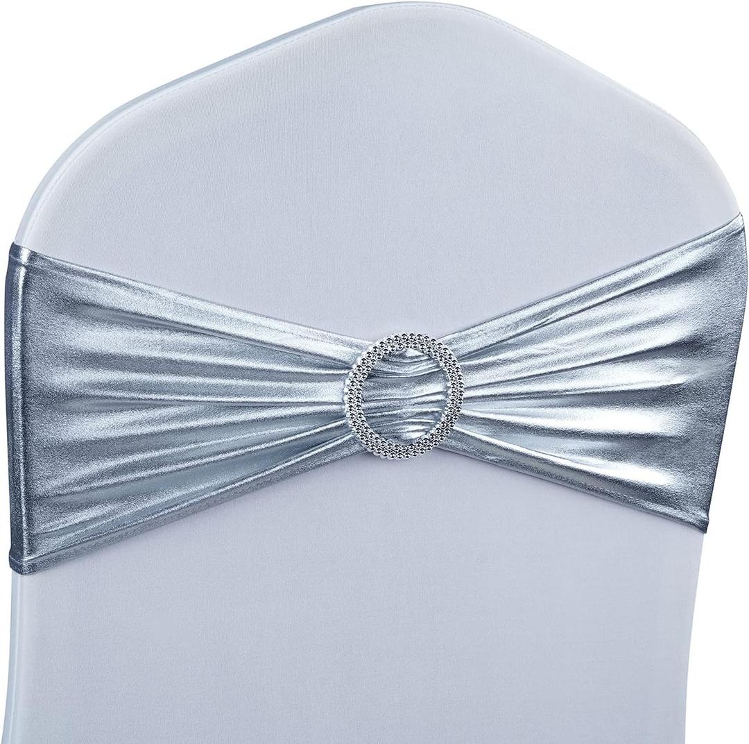 Babenest Spandex Chair Sashes Bows 50PCS Premium Stretch Chair Cover Band with Buckle Slider Universal Elastic Chair Ties for Wedding Party Ceremony Reception Banquet Decoration (Metallic Silver)