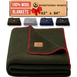 100% Wool Blanket - Premium Ultra-Soft, Thick, Warm, Large 62"x 84" Bed & Camping Blanket for Outdoor, Home, Indoor, Bushcraft & Survival (Military Green)