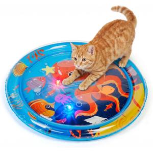 Cat Water Mat with Fish- Thickened Cat Sensory Water Play Mat Toy, Interactive Ocean Breeze Splashland with Floating Fish and 2 Balls for Cats & Kittens, Indoor Pet Water Bed Play Mat-Round