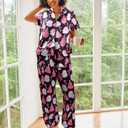 ALLTB Christmas Satin Pajamas Set Women 2 Piece Button Down Pajamas Short Sleeve Shirt Long Pant Xmas Silk Sleepwear Set (Small, Black)